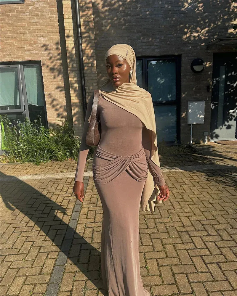 Elegant Full-Length Gown with Draped Waist Design Bodycon Dress
