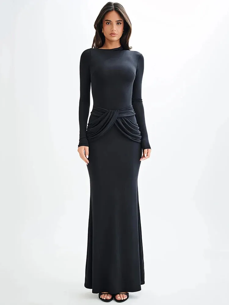 Elegant Full-Length Gown with Draped Waist Design Bodycon Dress