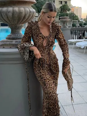 Elegant Leopard Print Halter Maxi Dresses