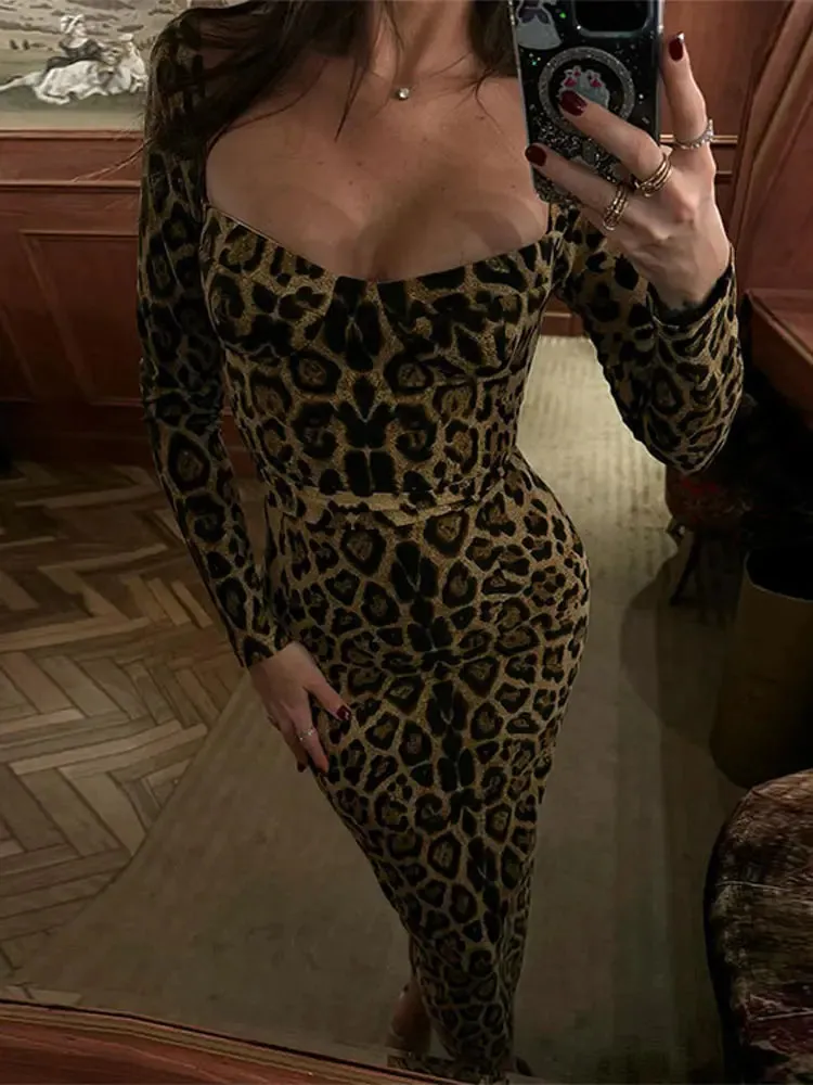 Elegant Leopard Print Halter Maxi Dresses