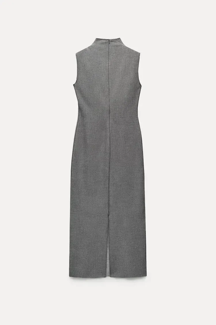 Elegant Pencil Long Dresses New Fashion Mock Neck Sleeveless Bodycon Party Dress Autumn Seamed with Split Maxi Dress