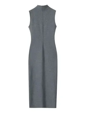 Elegant Pencil Long Dresses New Fashion Mock Neck Sleeveless Bodycon Party Dress Autumn Seamed with Split Maxi Dress