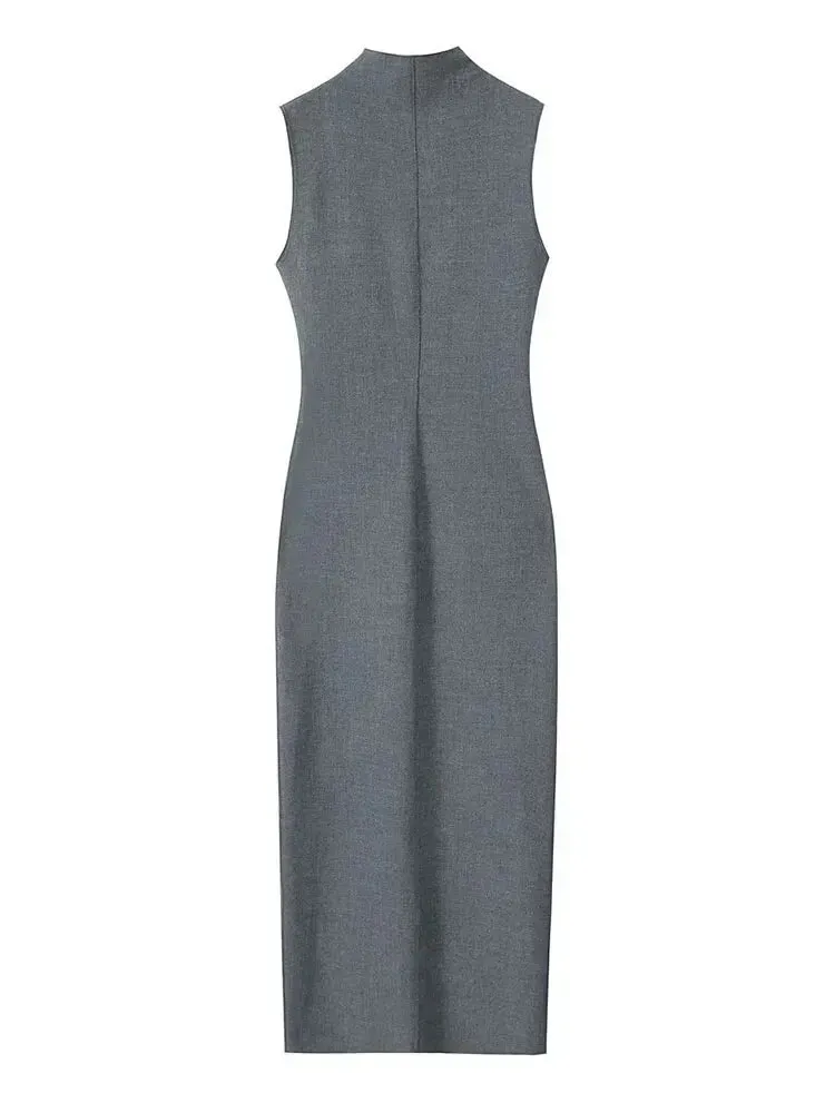 Elegant Pencil Long Dresses New Fashion Mock Neck Sleeveless Bodycon Party Dress Autumn Seamed with Split Maxi Dress