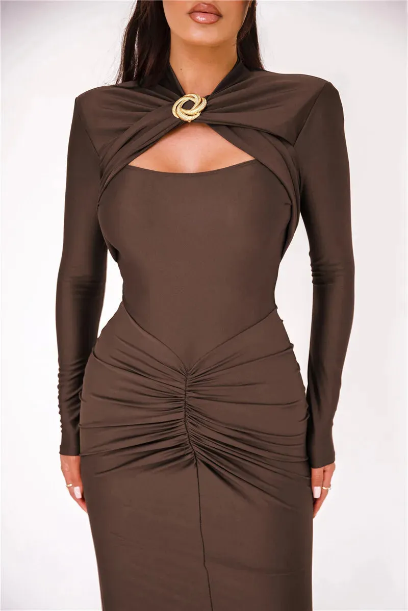 Elegant Ruched Long-Sleeve Cut-Out Chest Evening Gown Rear Slit Maxi Dress