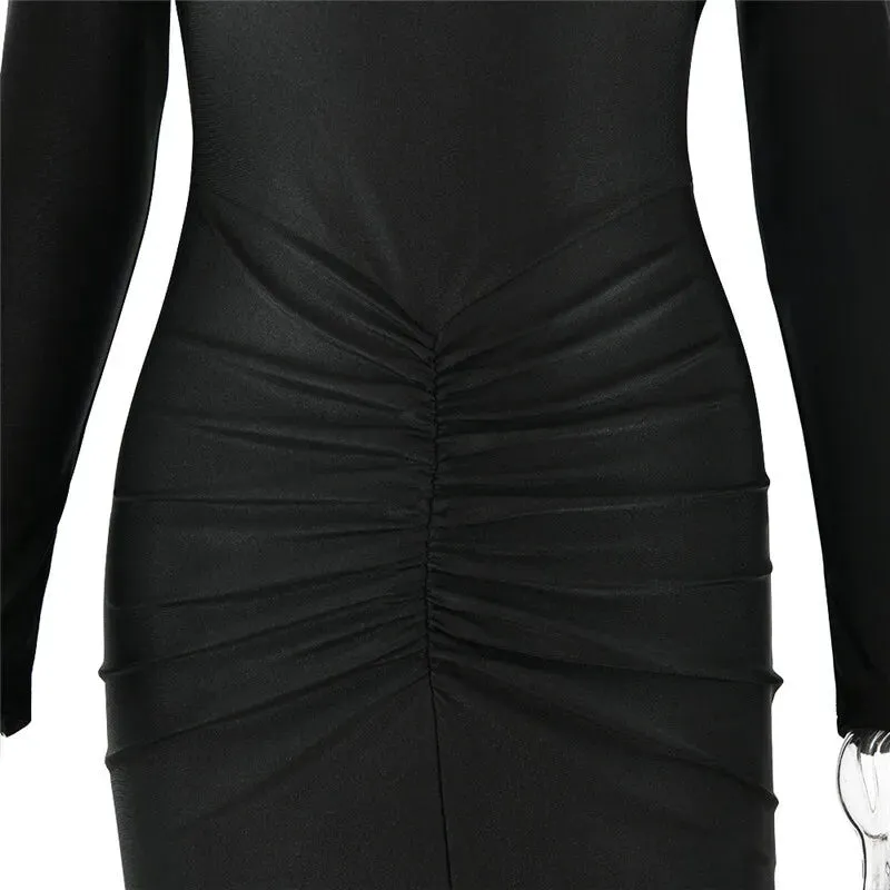 Elegant Ruched Long-Sleeve Cut-Out Chest Evening Gown Rear Slit Maxi Dress