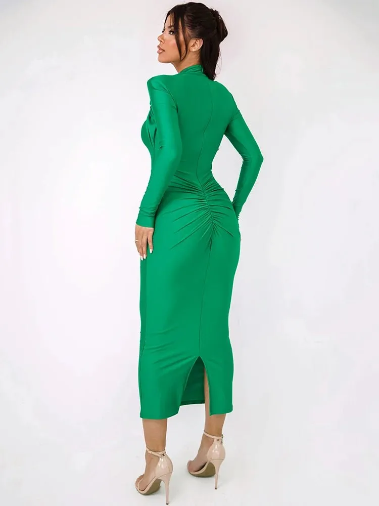 Elegant Ruched Long-Sleeve Cut-Out Chest Evening Gown Rear Slit Maxi Dress