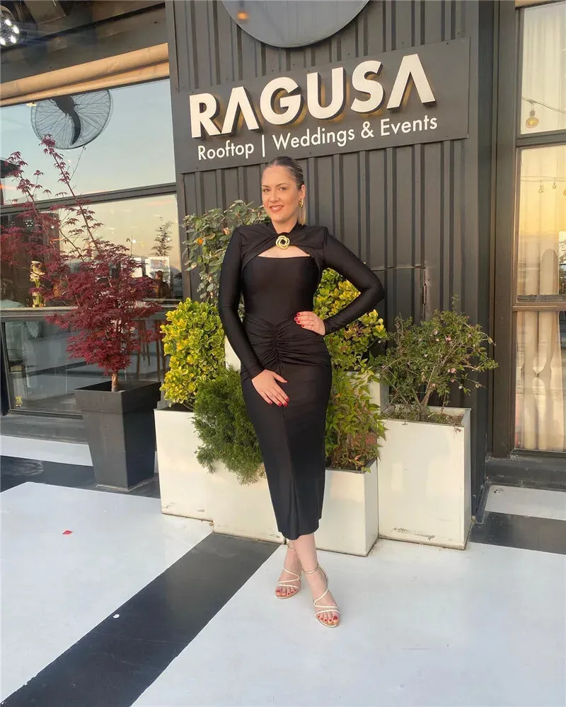 Elegant Ruched Long-Sleeve Cut-Out Chest Evening Gown Rear Slit Maxi Dress