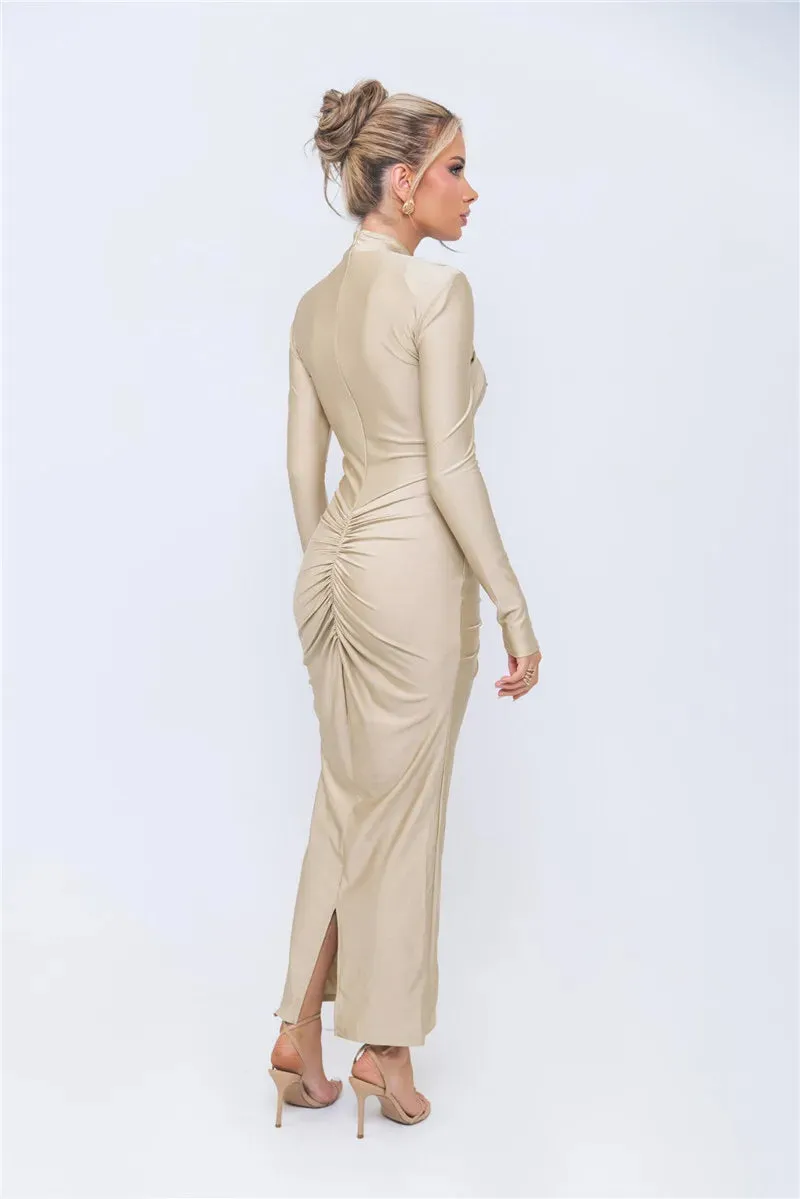 Elegant Ruched Long-Sleeve Cut-Out Chest Evening Gown Rear Slit Maxi Dress