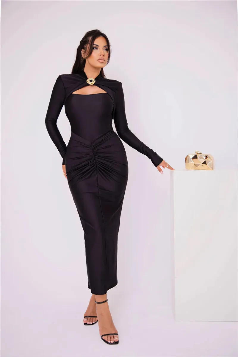 Elegant Ruched Long-Sleeve Cut-Out Chest Evening Gown Rear Slit Maxi Dress