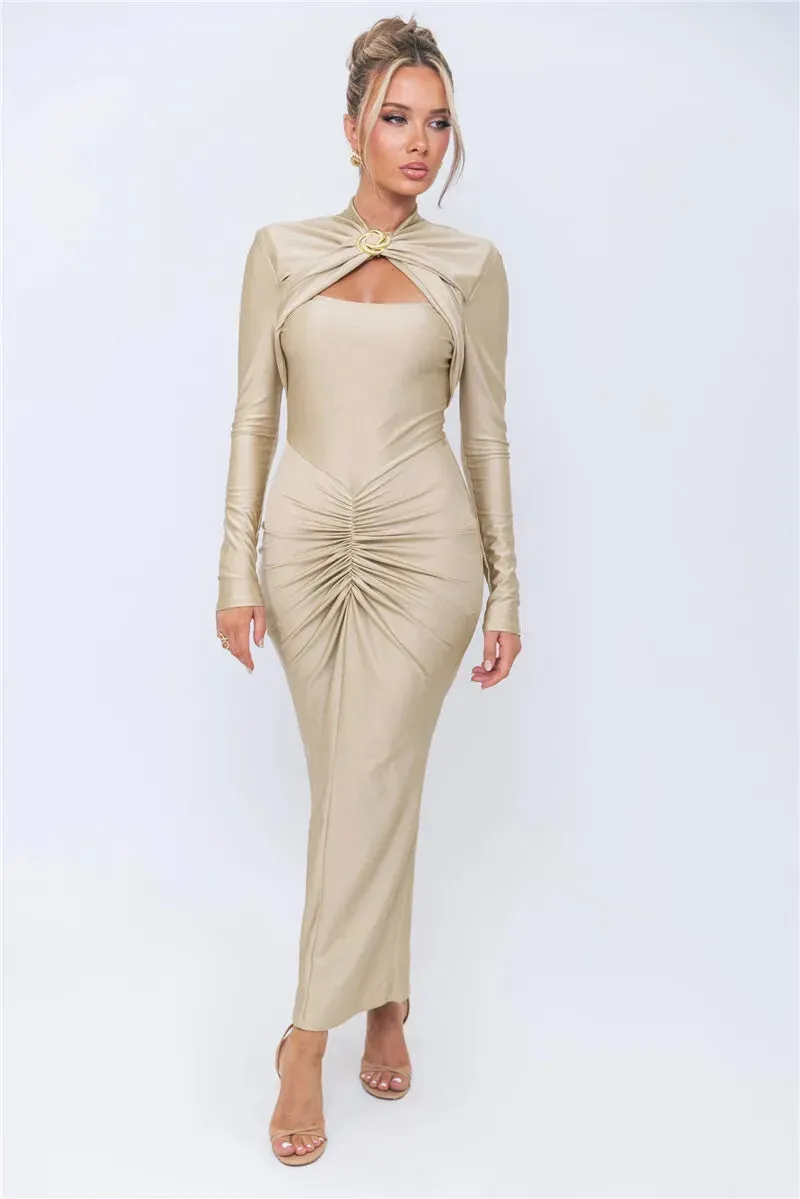 Elegant Ruched Long-Sleeve Cut-Out Chest Evening Gown Rear Slit Maxi Dress