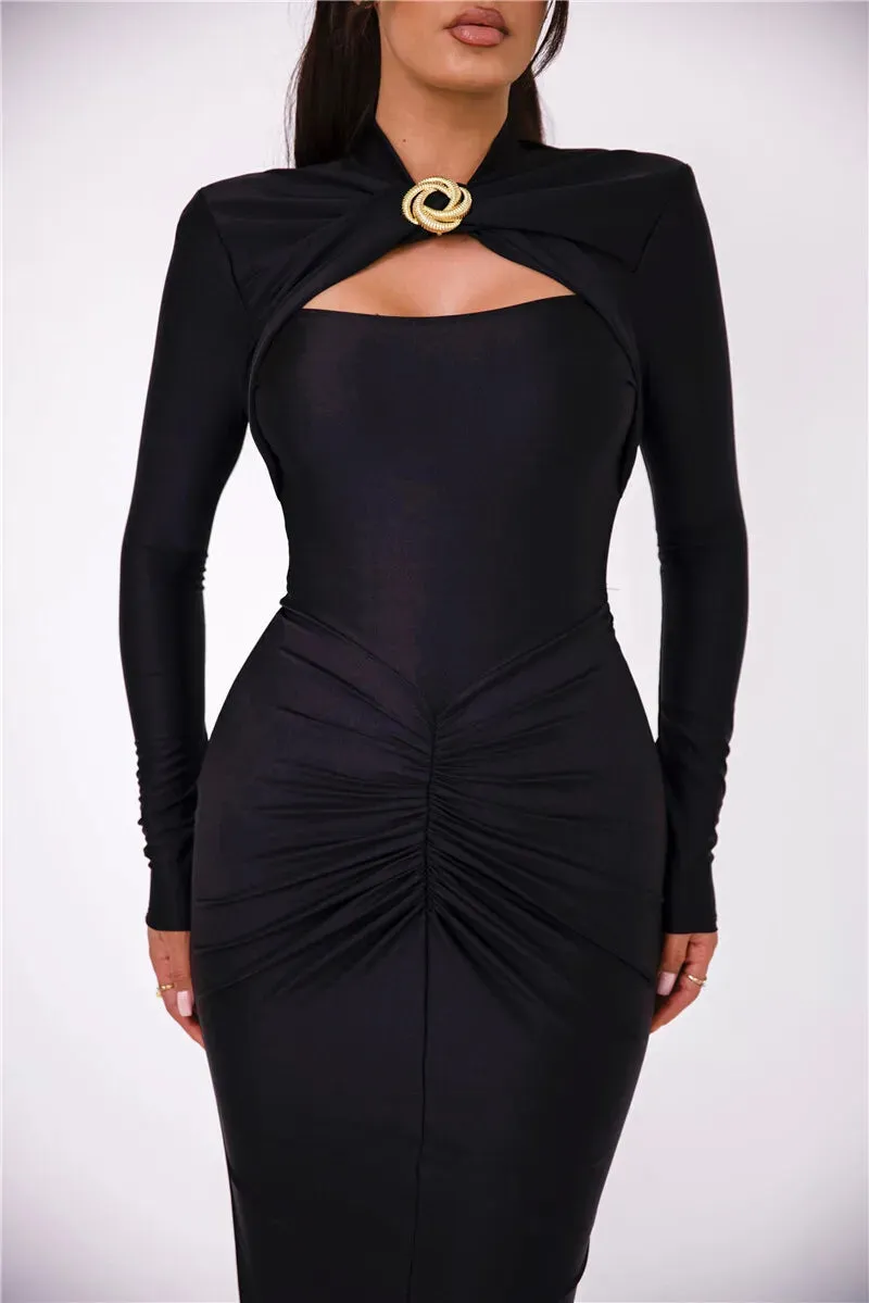 Elegant Ruched Long-Sleeve Cut-Out Chest Evening Gown Rear Slit Maxi Dress