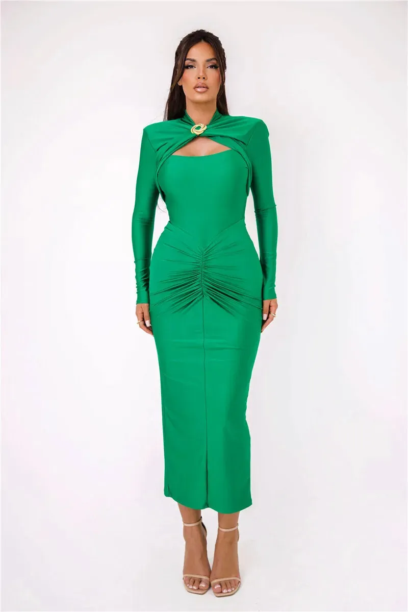 Elegant Ruched Long-Sleeve Cut-Out Chest Evening Gown Rear Slit Maxi Dress