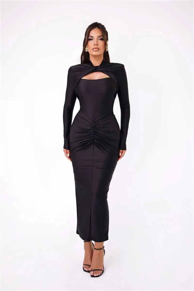 Elegant Ruched Long-Sleeve Cut-Out Chest Evening Gown Rear Slit Maxi Dress
