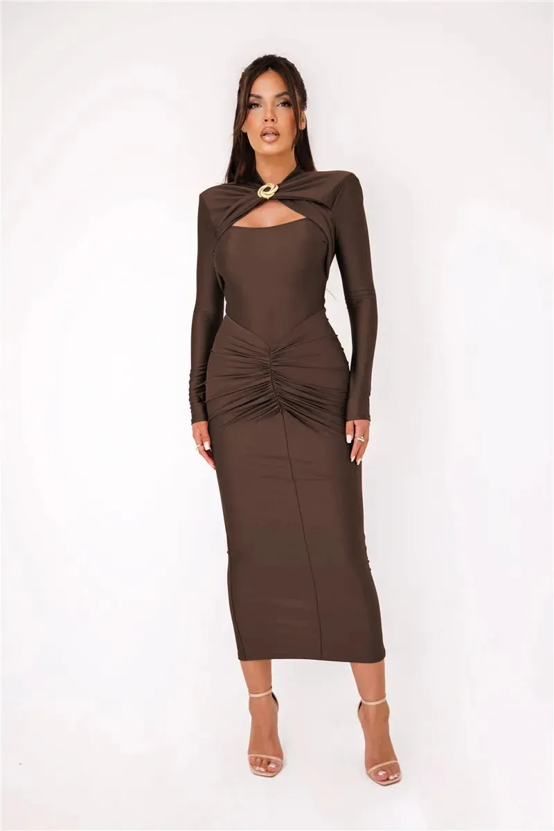 Elegant Ruched Long-Sleeve Cut-Out Chest Evening Gown Rear Slit Maxi Dress
