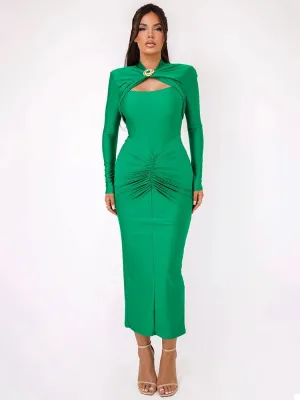 Elegant Ruched Long-Sleeve Cut-Out Chest Evening Gown Rear Slit Maxi Dress