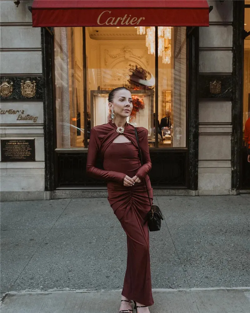 Elegant Ruched Long-Sleeve Cut-Out Chest Evening Gown Rear Slit Maxi Dress
