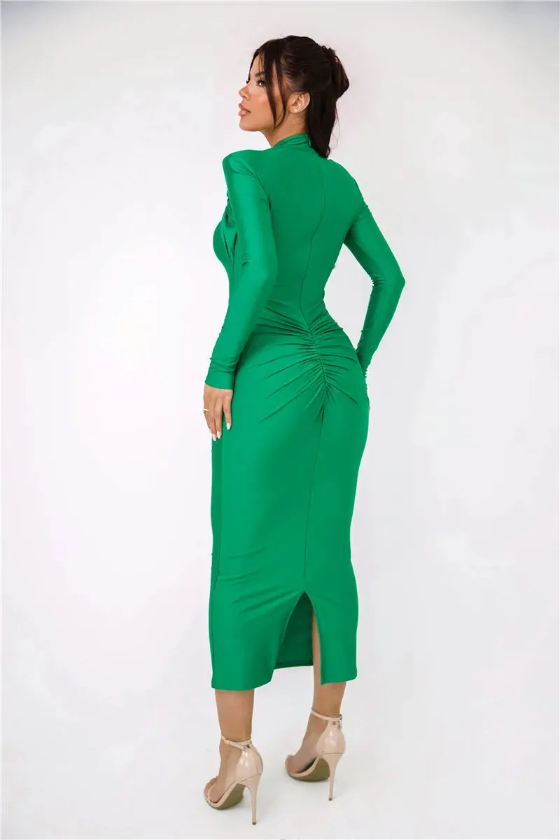 Elegant Ruched Long-Sleeve Cut-Out Chest Evening Gown Rear Slit Maxi Dress