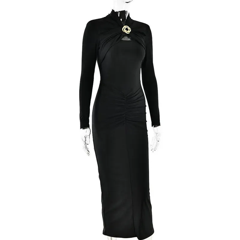 Elegant Ruched Long-Sleeve Cut-Out Chest Evening Gown Rear Slit Maxi Dress