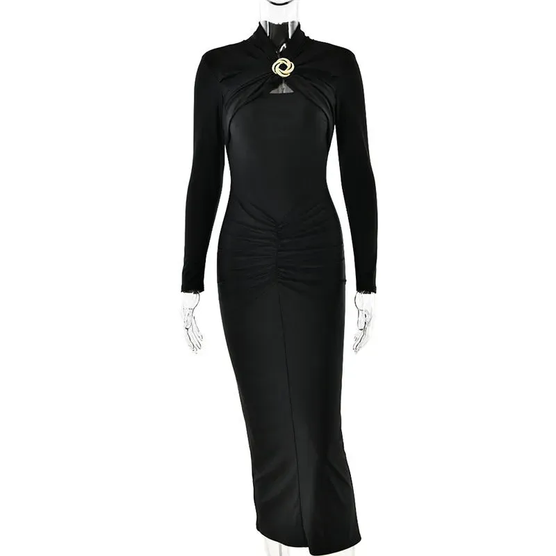 Elegant Ruched Long-Sleeve Cut-Out Chest Evening Gown Rear Slit Maxi Dress