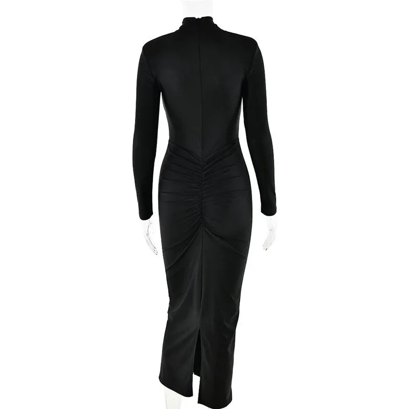 Elegant Ruched Long-Sleeve Cut-Out Chest Evening Gown Rear Slit Maxi Dress