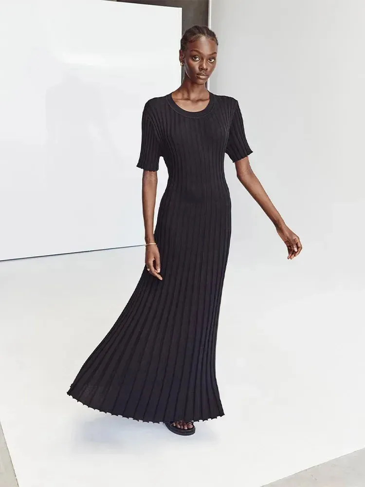 Elegant Solid Ribbed Knitted Maxi Dress for Women O-Neck Short Sleeve Pleated Lace Up Dresses