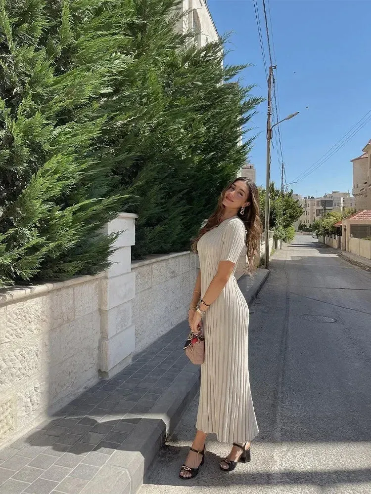 Elegant Solid Ribbed Knitted Maxi Dress for Women O-Neck Short Sleeve Pleated Lace Up Dresses