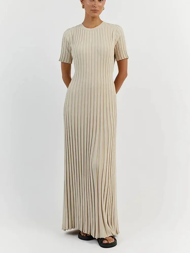 Elegant Solid Ribbed Knitted Maxi Dress for Women O-Neck Short Sleeve Pleated Lace Up Dresses