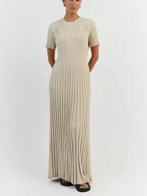 Elegant Solid Ribbed Knitted Maxi Dress for Women O-Neck Short Sleeve Pleated Lace Up Dresses