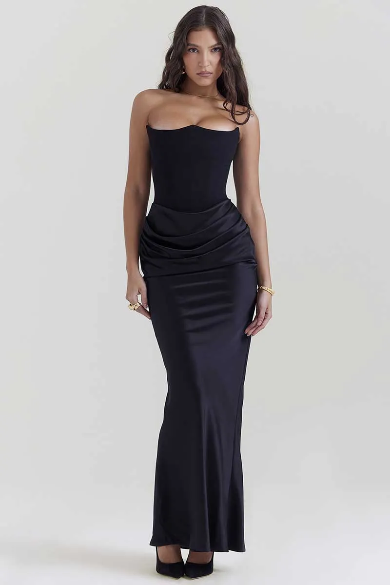 Elegant Strapless Patchwork Formal Party Fishtail Maxi Dresses-Black
