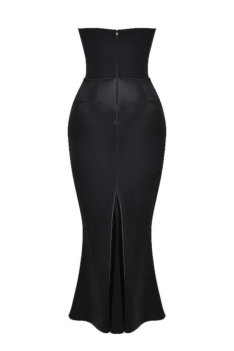 Elegant Strapless Patchwork Formal Party Fishtail Maxi Dresses-Black