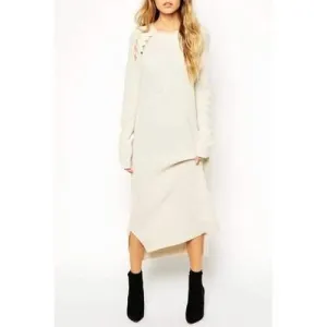 Elegant Style Round Neck Long Sleeve Cut Out High Low Hem Women's Sweater Dress - Off-white One Size(fit Size Xs To M)