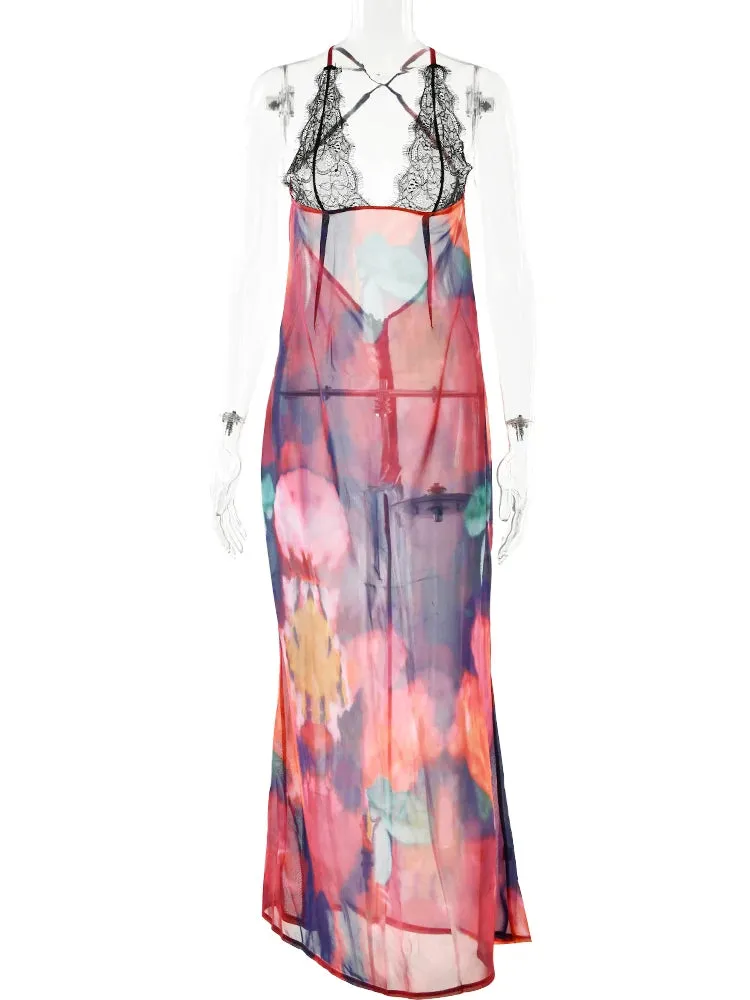 Elegant Tie Dye Floral Chiffon Dress Summer Sexy Women's Backless Lace Bodycon See Through Beach Party Maxi Dress