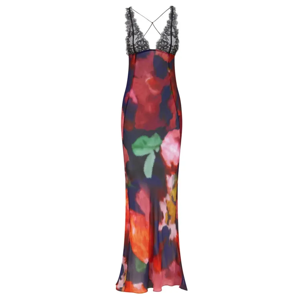 Elegant Tie Dye Floral Chiffon Dress Summer Sexy Women's Backless Lace Bodycon See Through Beach Party Maxi Dress