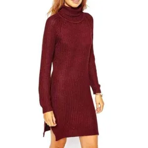 Elegant Turtleneck Long Sleeve Side Slit Wine Red Women's Sweater Dress - Dark Red Xl