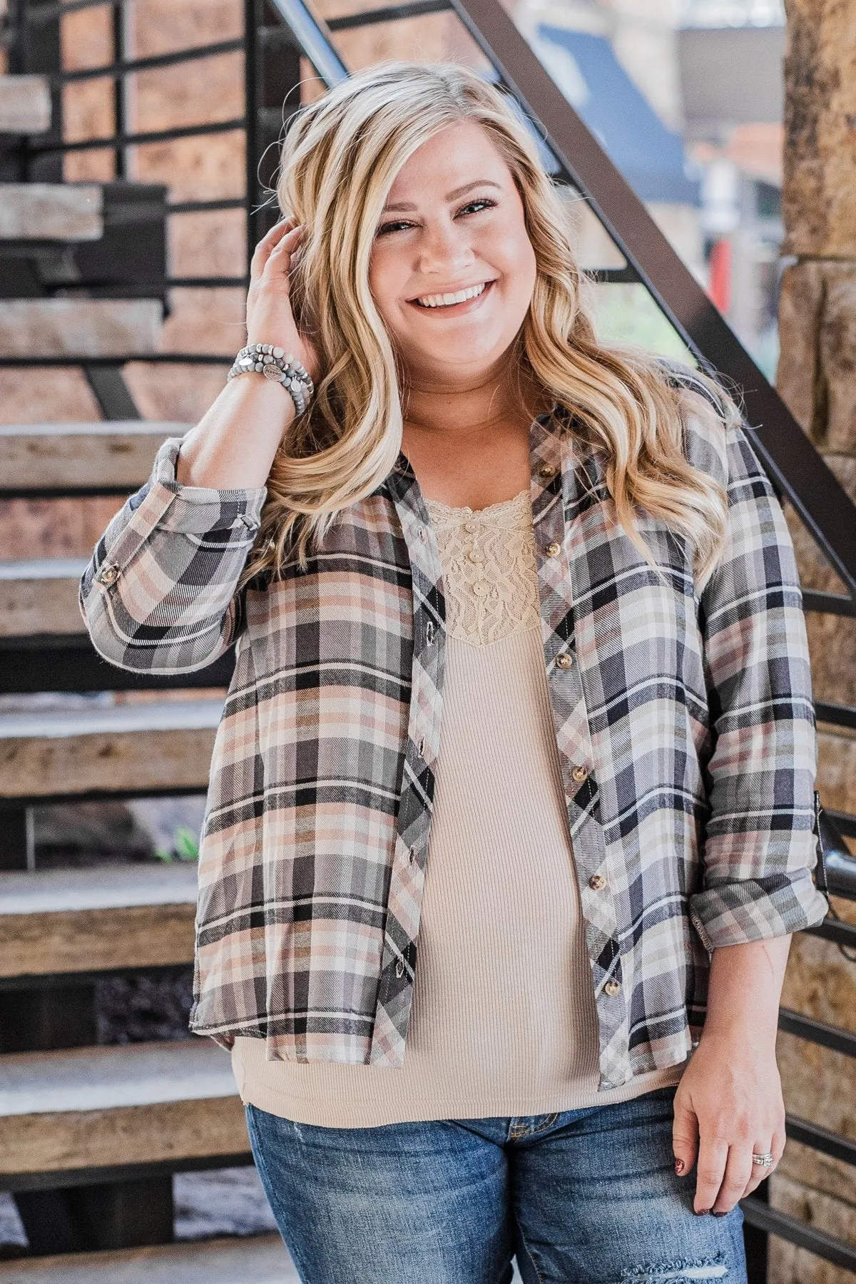 Fall Favorite Flannel Button Up Top- Charcoal & Beige