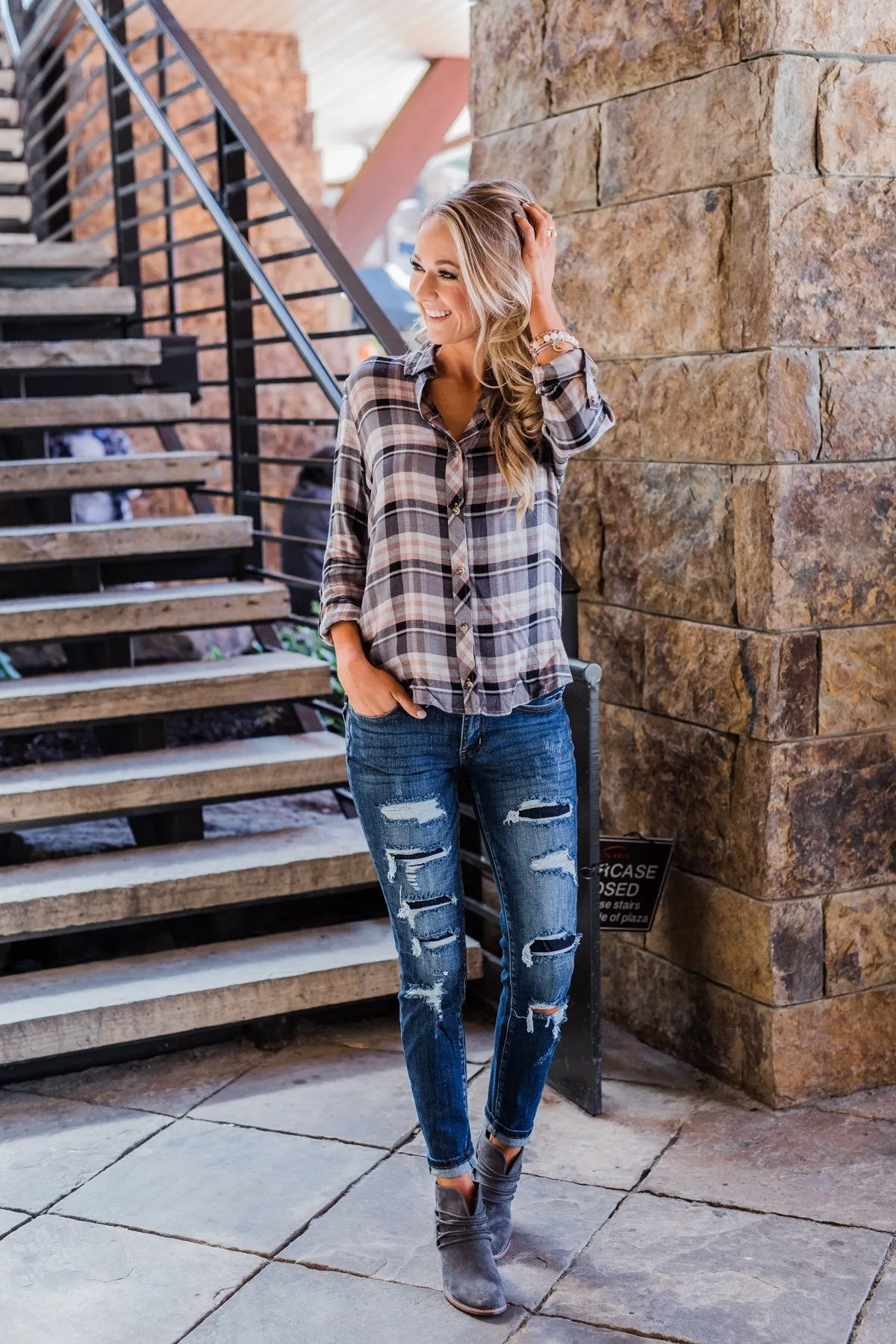 Fall Favorite Flannel Button Up Top- Charcoal & Beige
