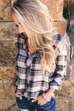 Fall Favorite Flannel Button Up Top- Charcoal & Beige