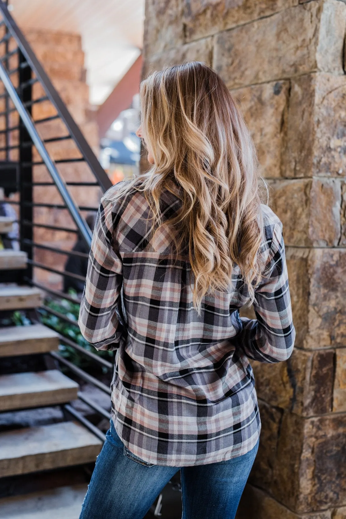 Fall Favorite Flannel Button Up Top- Charcoal & Beige