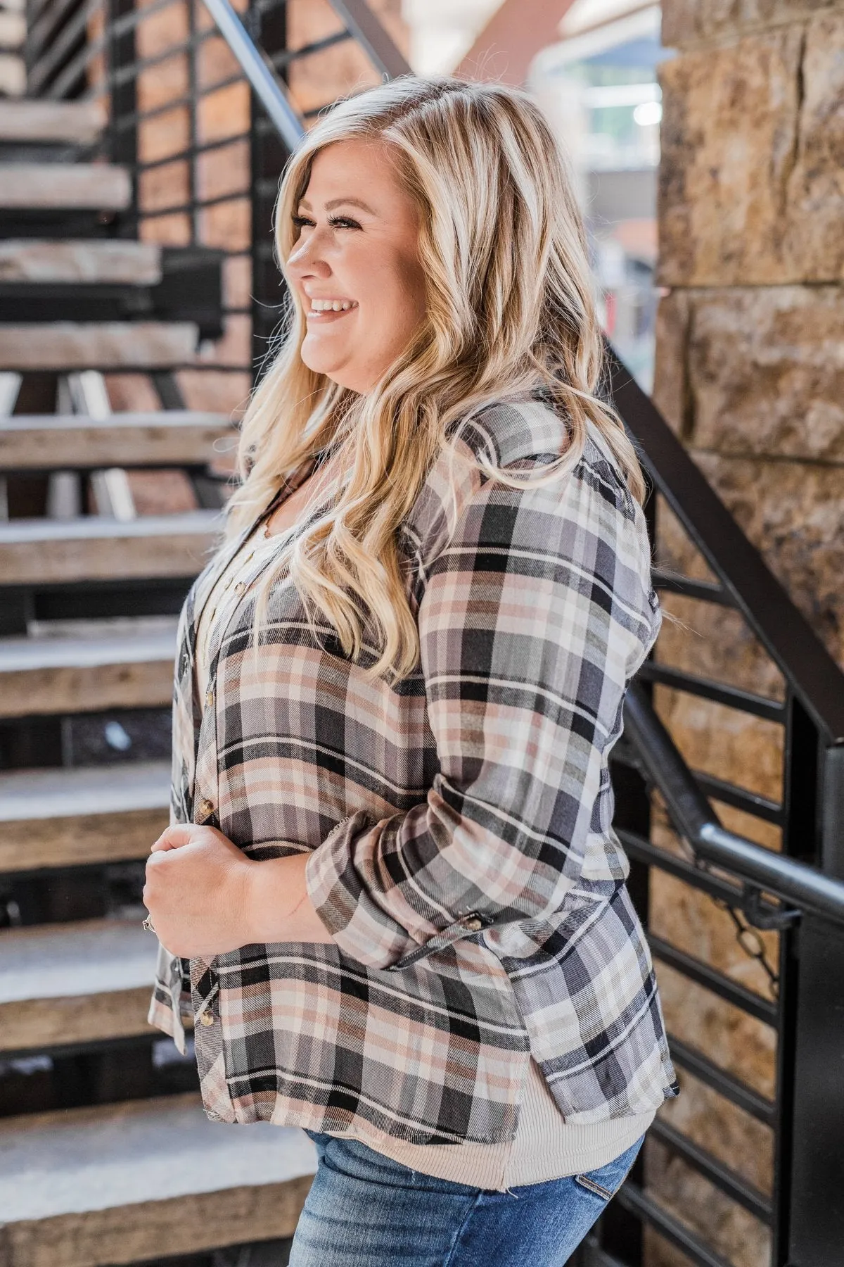 Fall Favorite Flannel Button Up Top- Charcoal & Beige