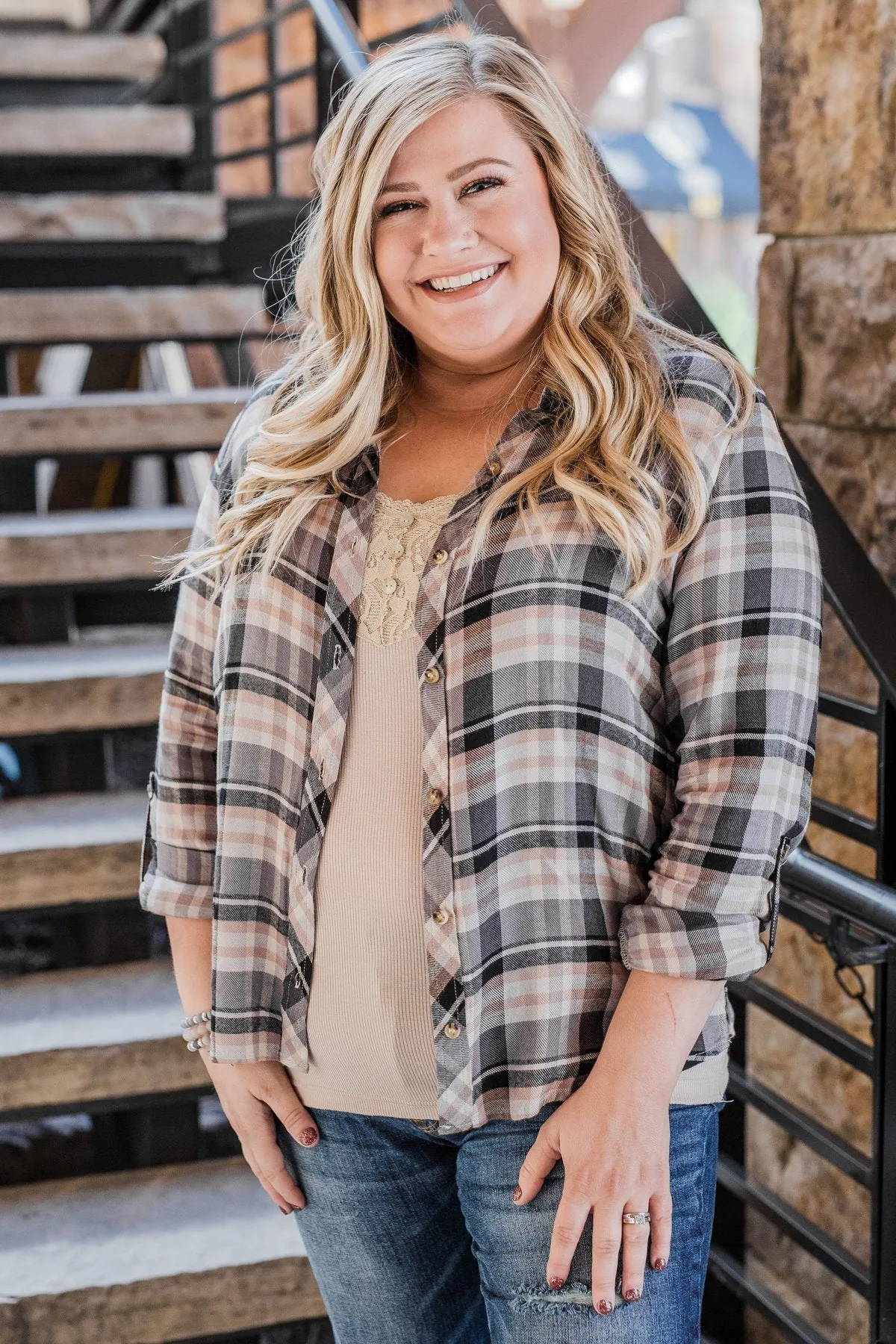 Fall Favorite Flannel Button Up Top- Charcoal & Beige