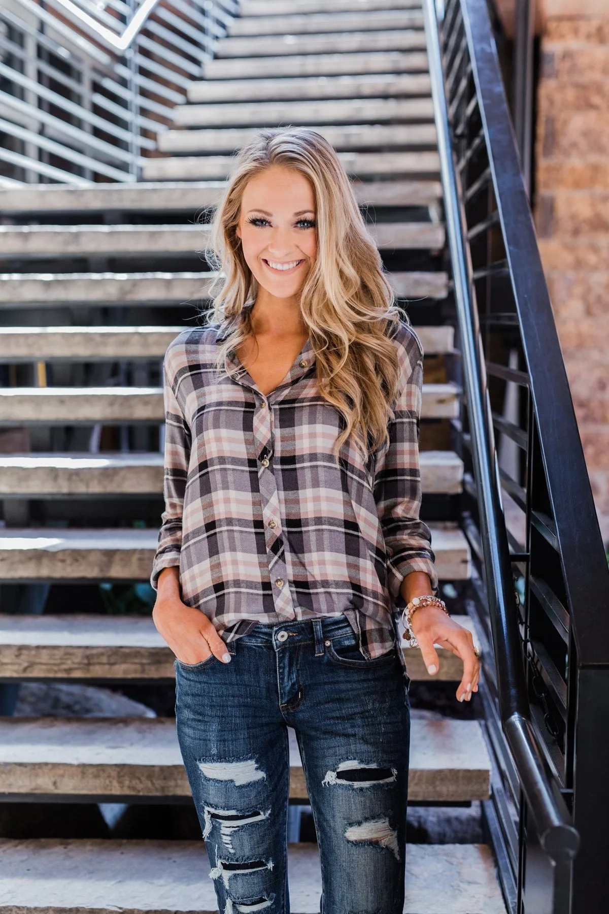 Fall Favorite Flannel Button Up Top- Charcoal & Beige