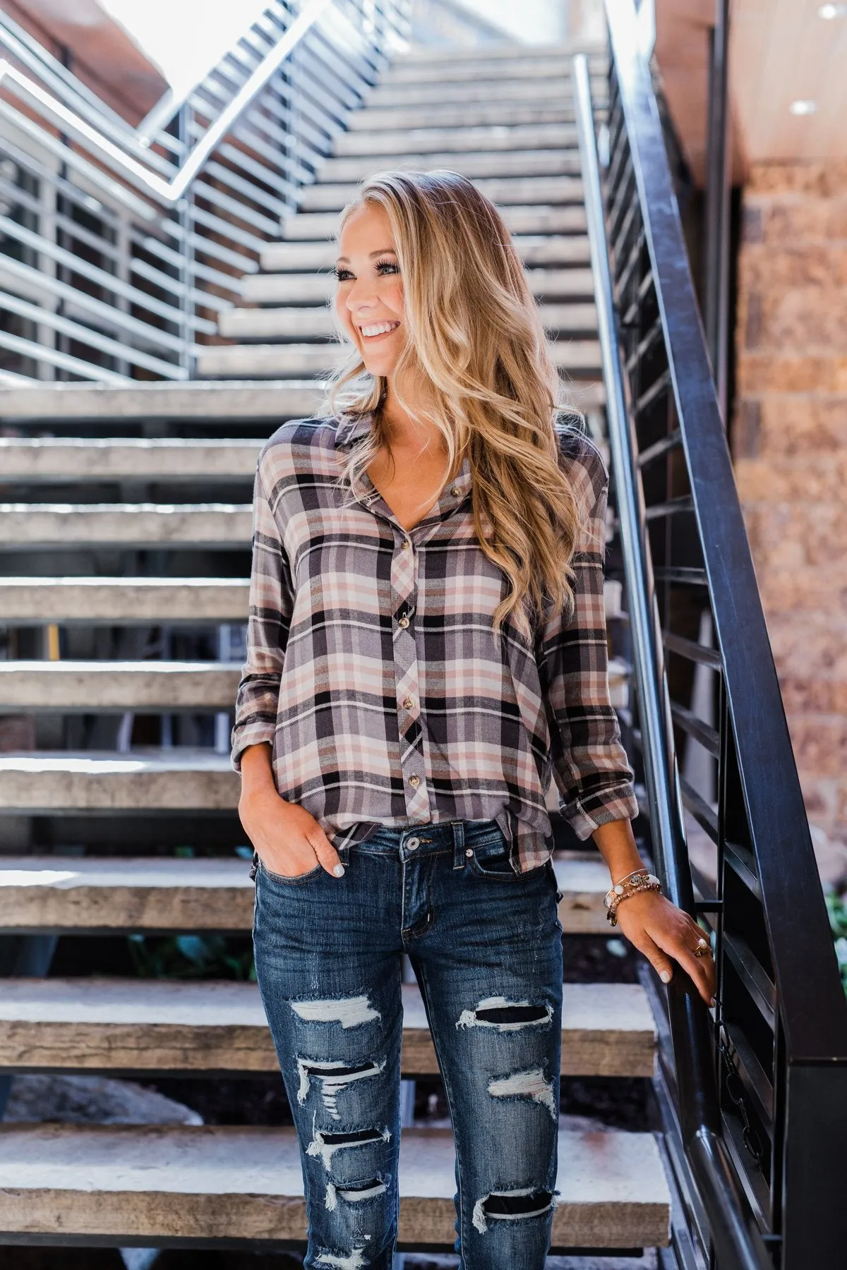 Fall Favorite Flannel Button Up Top- Charcoal & Beige