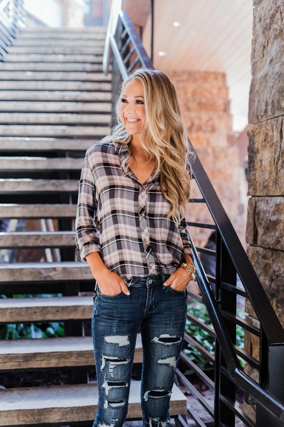Fall Favorite Flannel Button Up Top- Charcoal & Beige