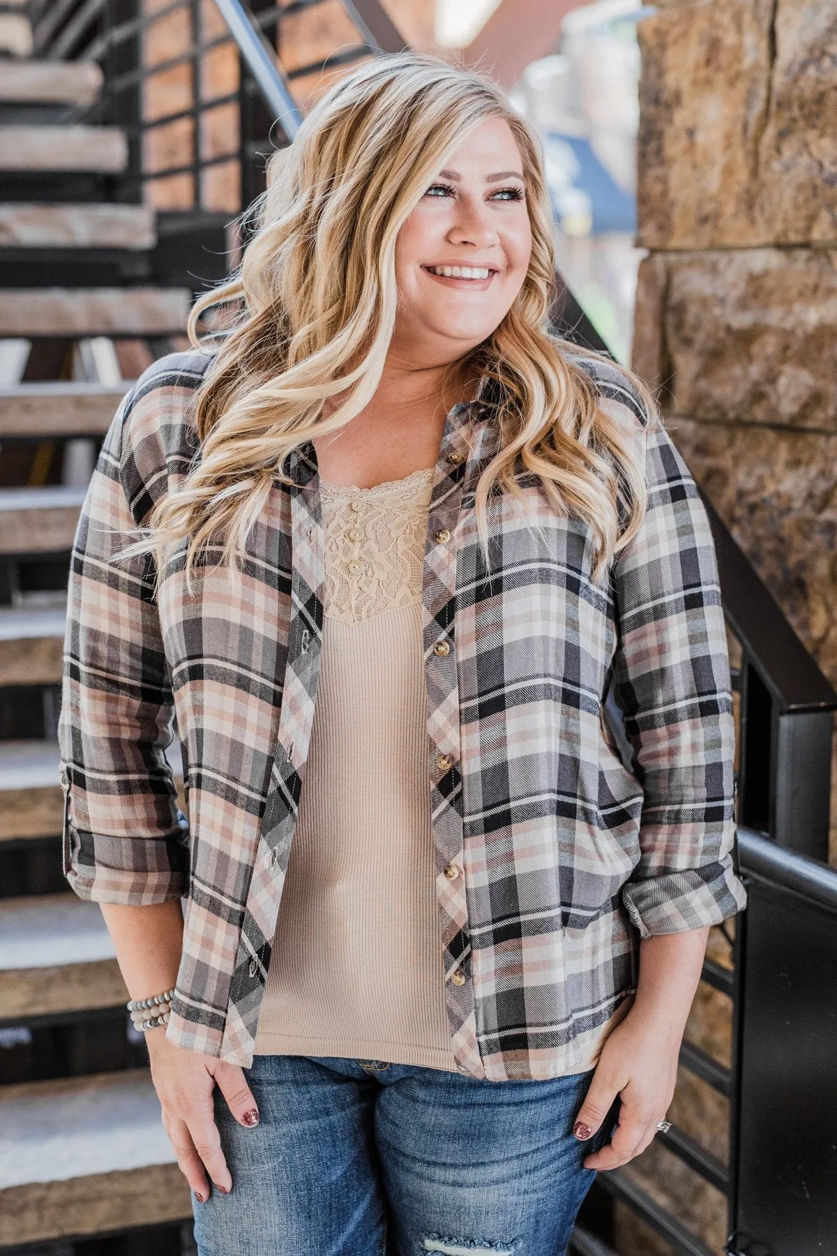 Fall Favorite Flannel Button Up Top- Charcoal & Beige