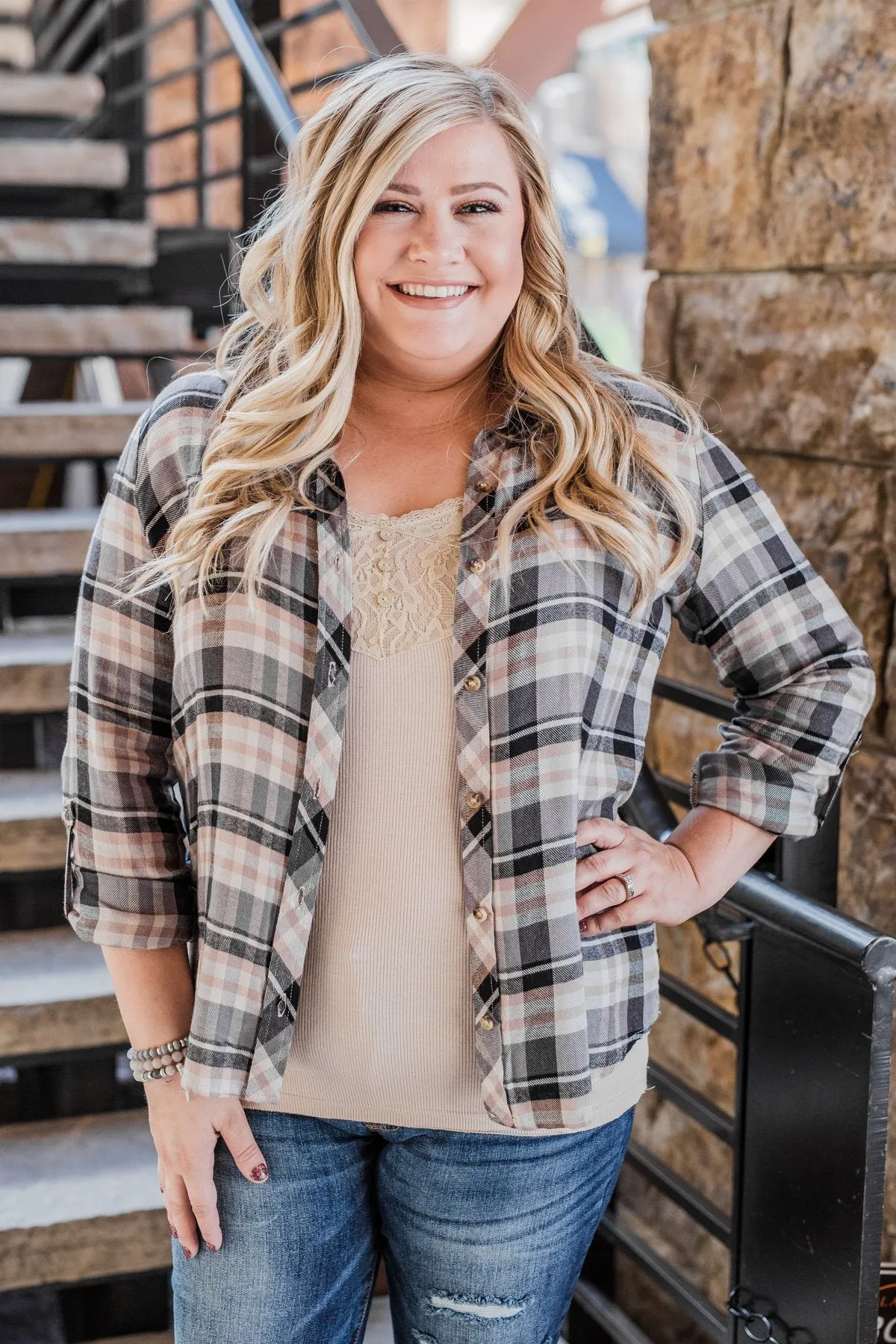 Fall Favorite Flannel Button Up Top- Charcoal & Beige