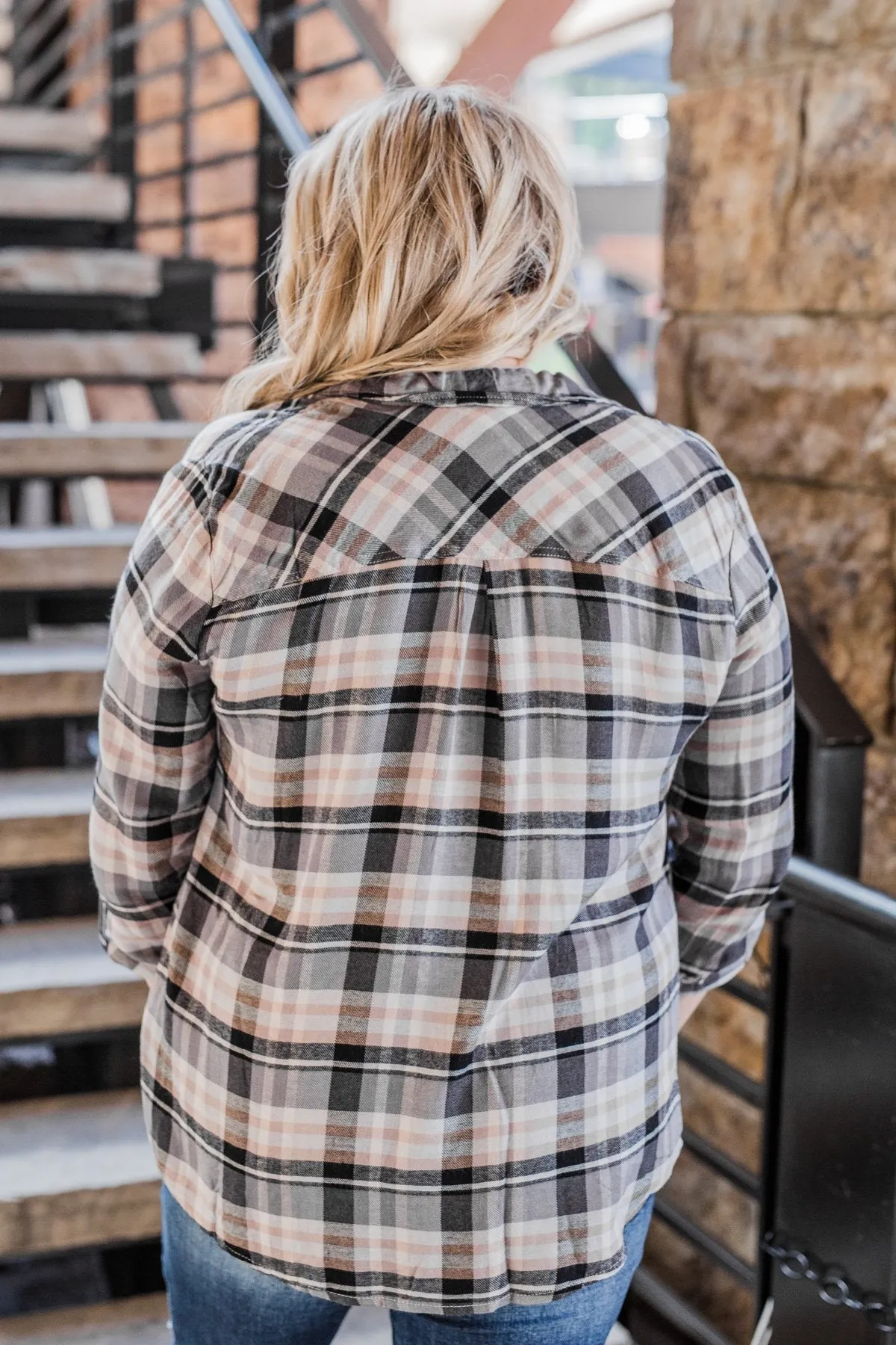Fall Favorite Flannel Button Up Top- Charcoal & Beige