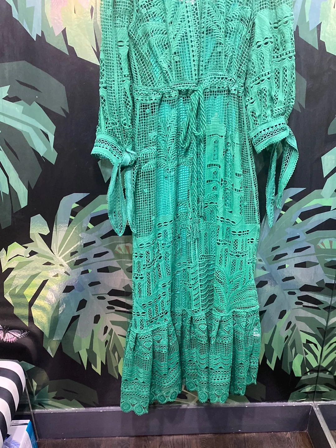 FARM RIO Green Long Sleeve Lace Maxi Dress