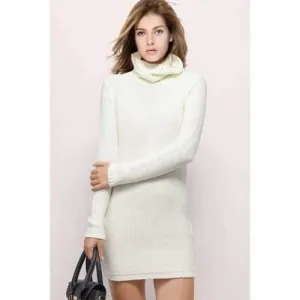 Fashion Turtle Neck Long Sleeve Solid Color Women's Sweater Dress - White L