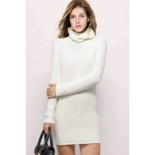 Fashion Turtle Neck Long Sleeve Solid Color Women's Sweater Dress - White L