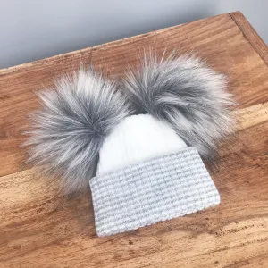 First Size White & Grey Double Pom Pom Hat